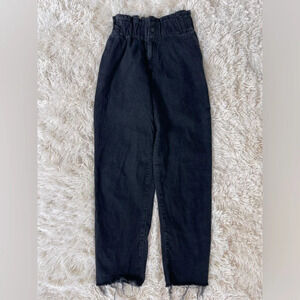 Zara elastic high waist paper bag mom jeans raw hem washed black size 2